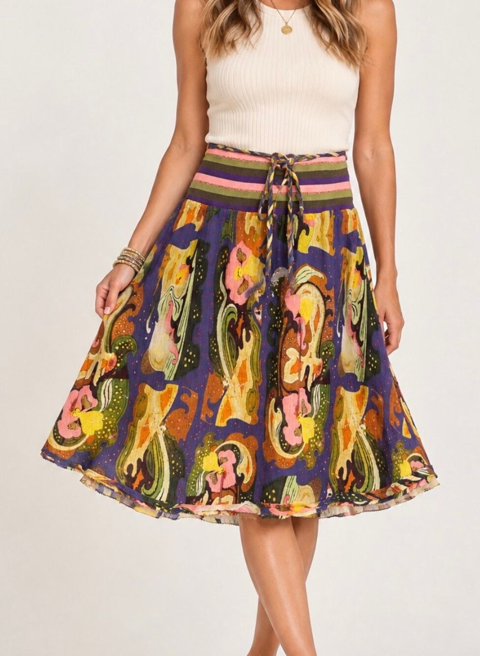 Oilily Colorful Boho Floral Paisley A-Line Skirt Purple Multicolor 26 inch waist